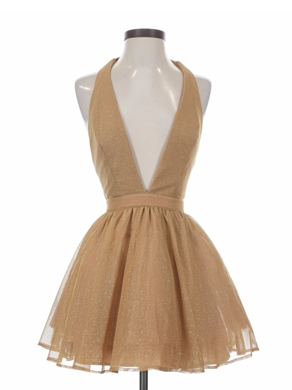 NWOT Babyboo Gold Glitter Plunge Halter Open Back Party Mini Dress XS